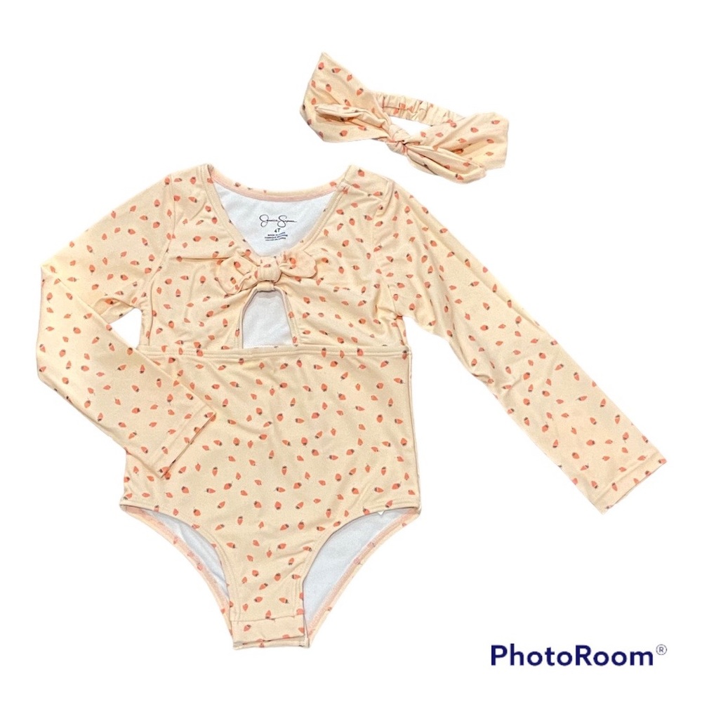 Jessica Simpson strawberry rashguard swimsuit with headband